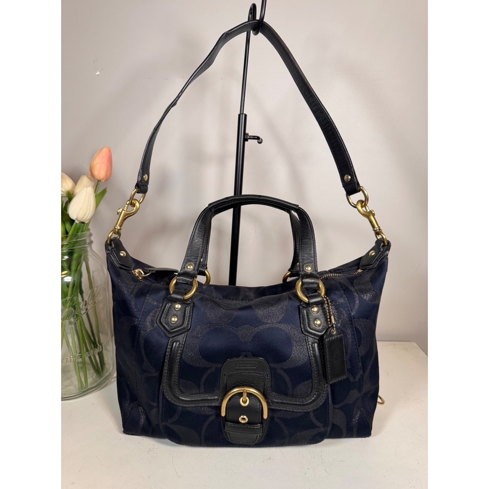 Coach Campbell Signature Satchel Navy Blue Black Sateen/Leather F26247